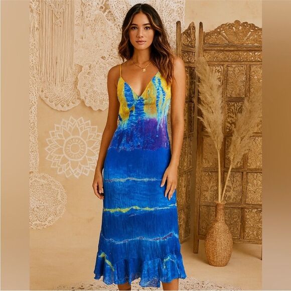 NEW! Betsy Johnson Rainbow Water Blue Tie Dye Hi Low Hem Ruffle Dress - 10 $119 - Picture 1 of 12